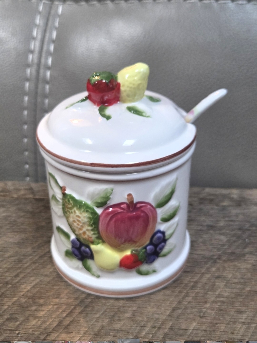 Vintage Lefton Heritage Brown Fruit Jam Pot & Lid - With Portmeirion Spoon B1M
